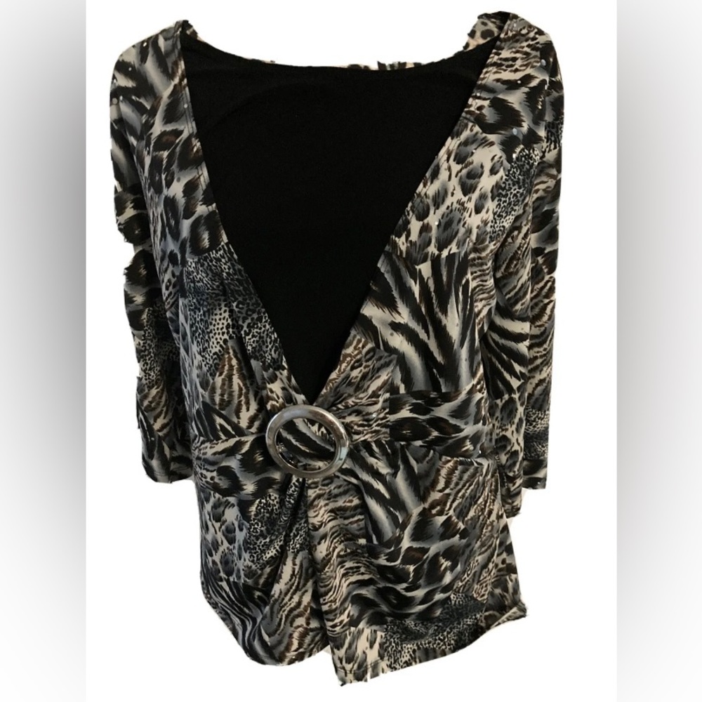 Brittany Black Top Blouse 1X Animal Print Sequins Silver Buckle